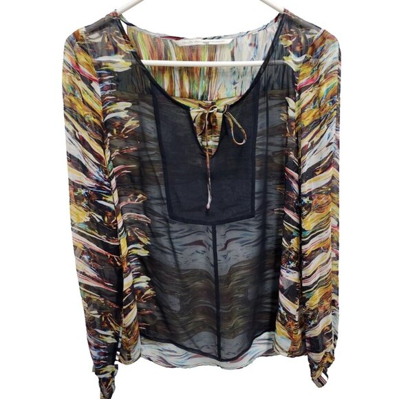 Twelfth Street Cynthia Vincent Womens Silk Top Large Sheer Abstract Art Peasant - Picture 1 of 7